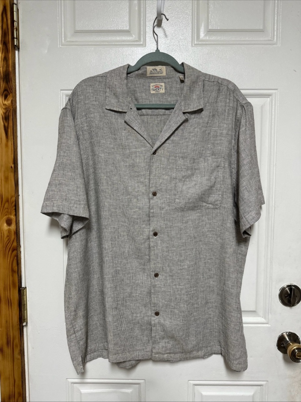 Faherty LINEN Blend Breeze Camp Shirt Mens Sz XL Stone Coast Grey Micro Check